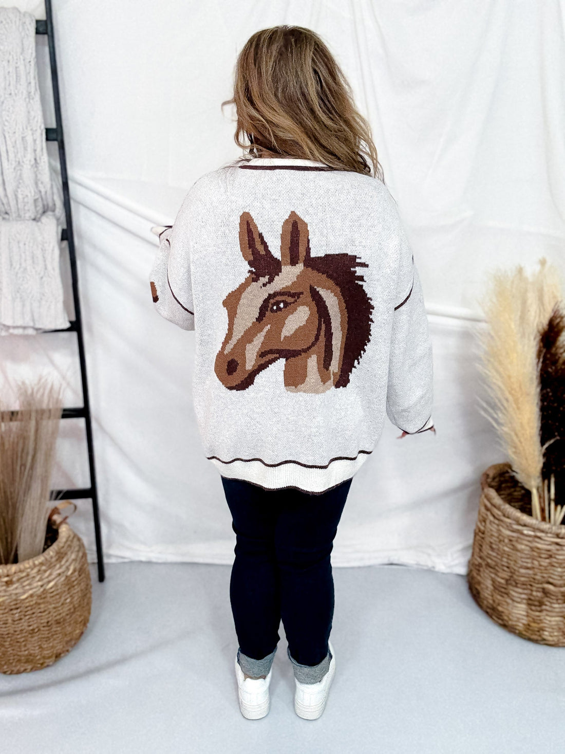 Oatmeal & Brown Button Down Horse Cardigan - Whiskey Skies - J.NNA