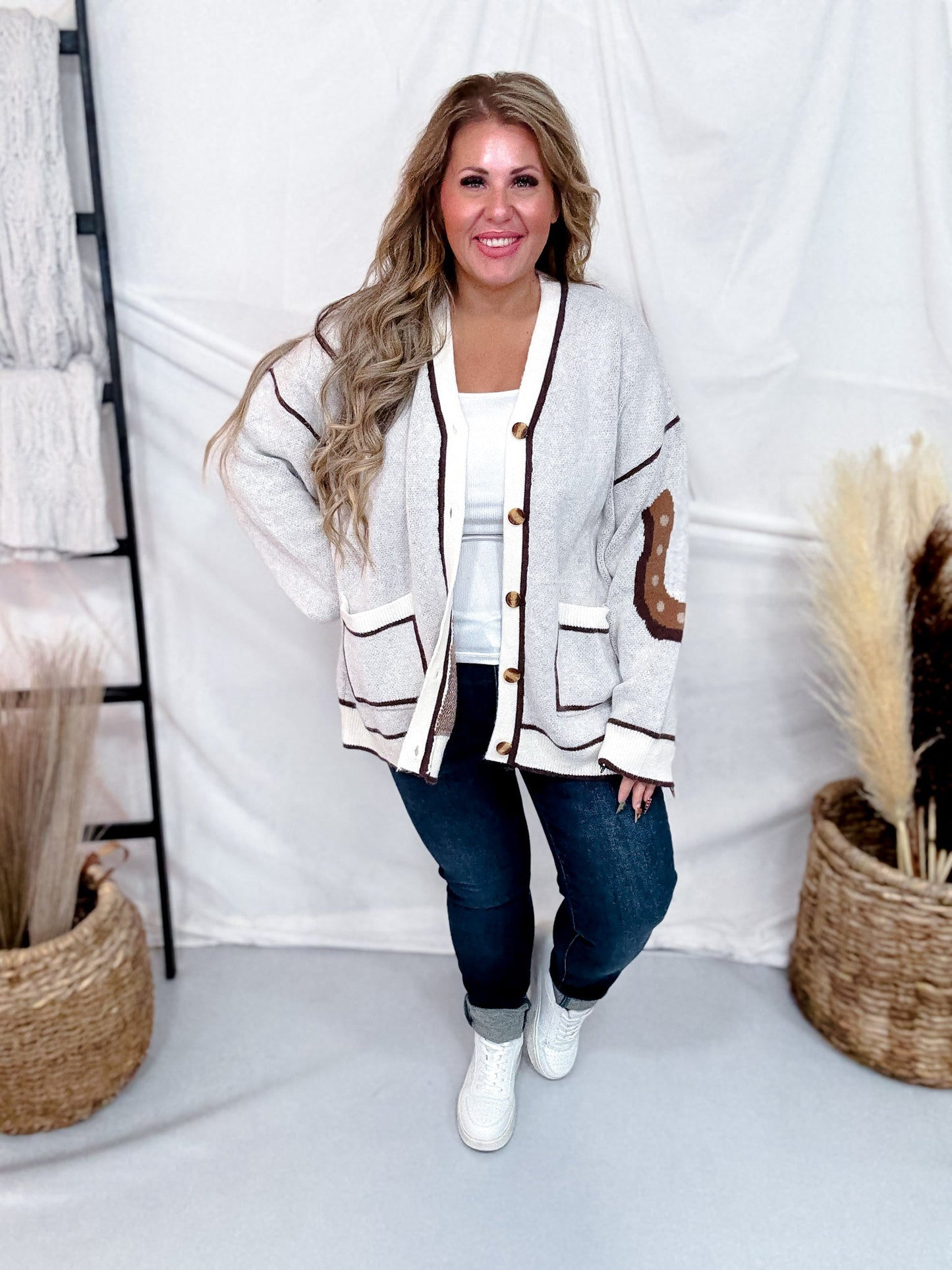 Oatmeal & Brown Button Down Horse Cardigan - Whiskey Skies - J.NNA
