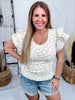 Oatmeal & Ivory Floral Jaquard Top With Ruffle Sleeves - Whiskey Skies - BIBI