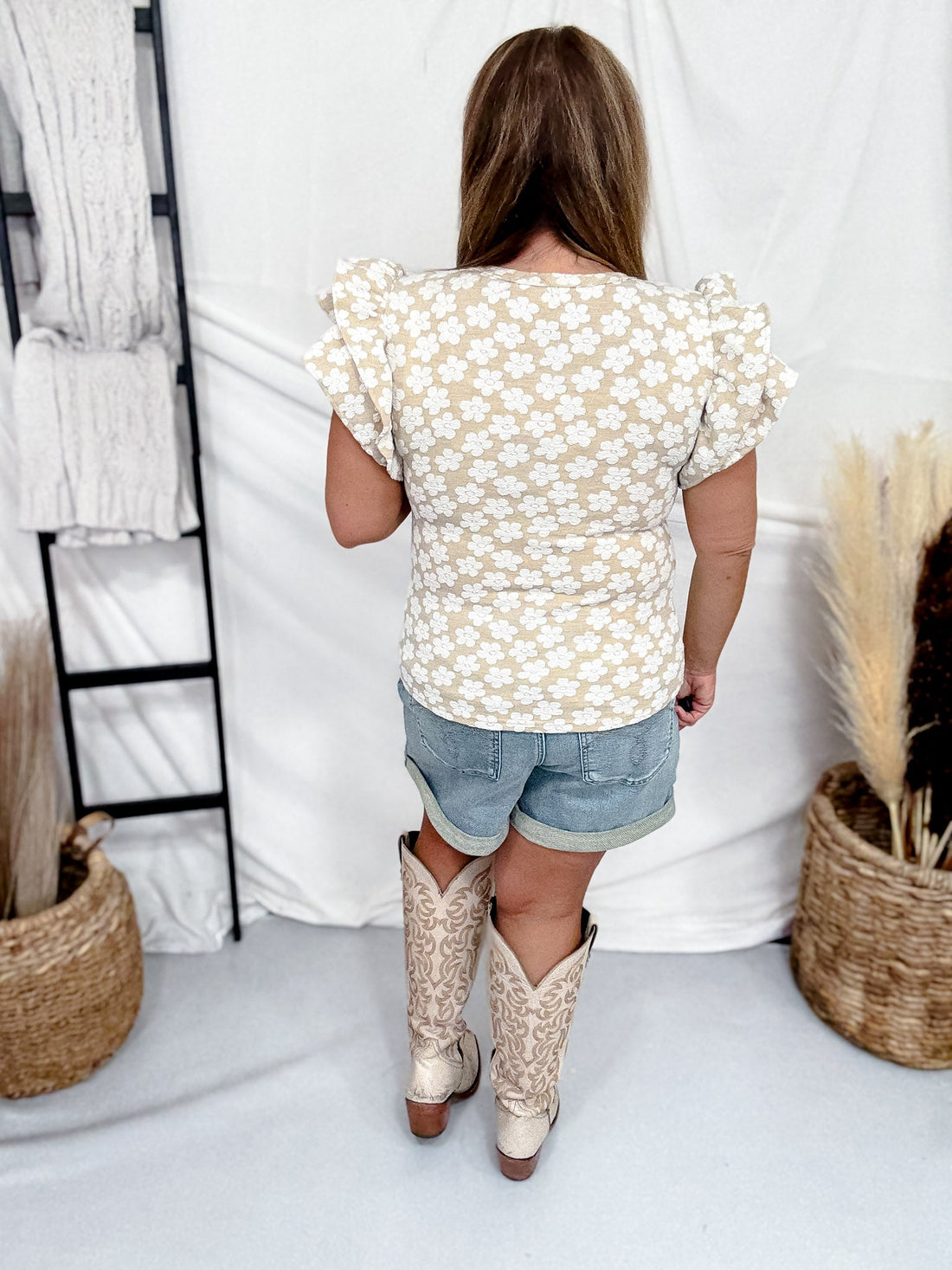 Oatmeal & Ivory Floral Jaquard Top With Ruffle Sleeves - Whiskey Skies - BIBI