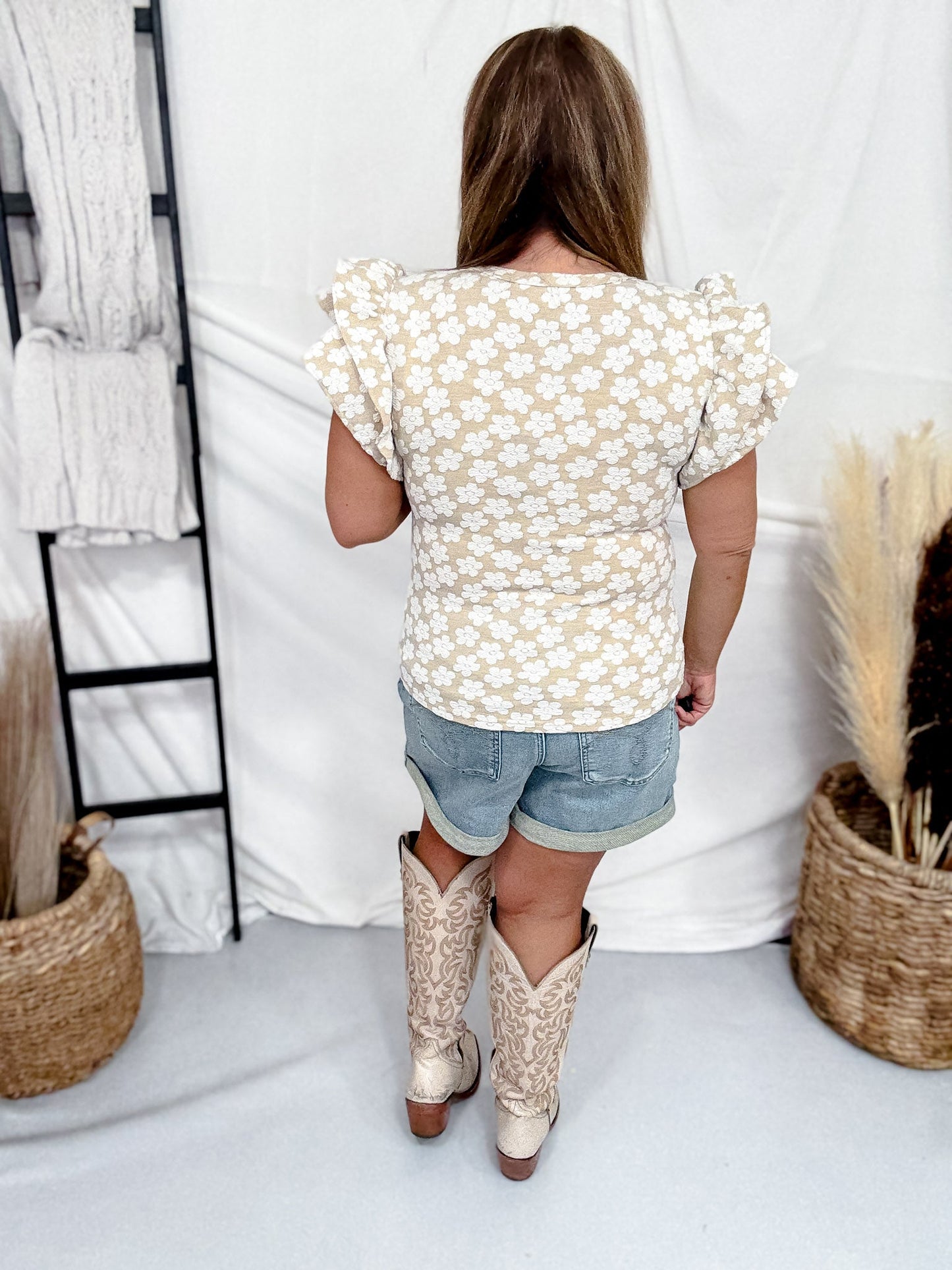 Oatmeal & Ivory Floral Jaquard Top With Ruffle Sleeves - Whiskey Skies - BIBI