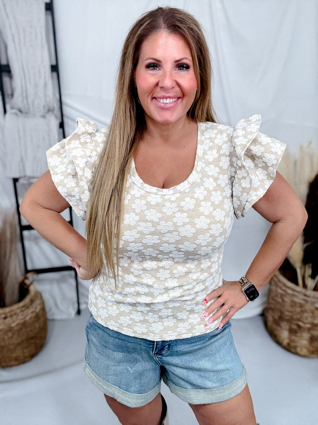 Oatmeal & Ivory Floral Jaquard Top With Ruffle Sleeves - Whiskey Skies - BIBI