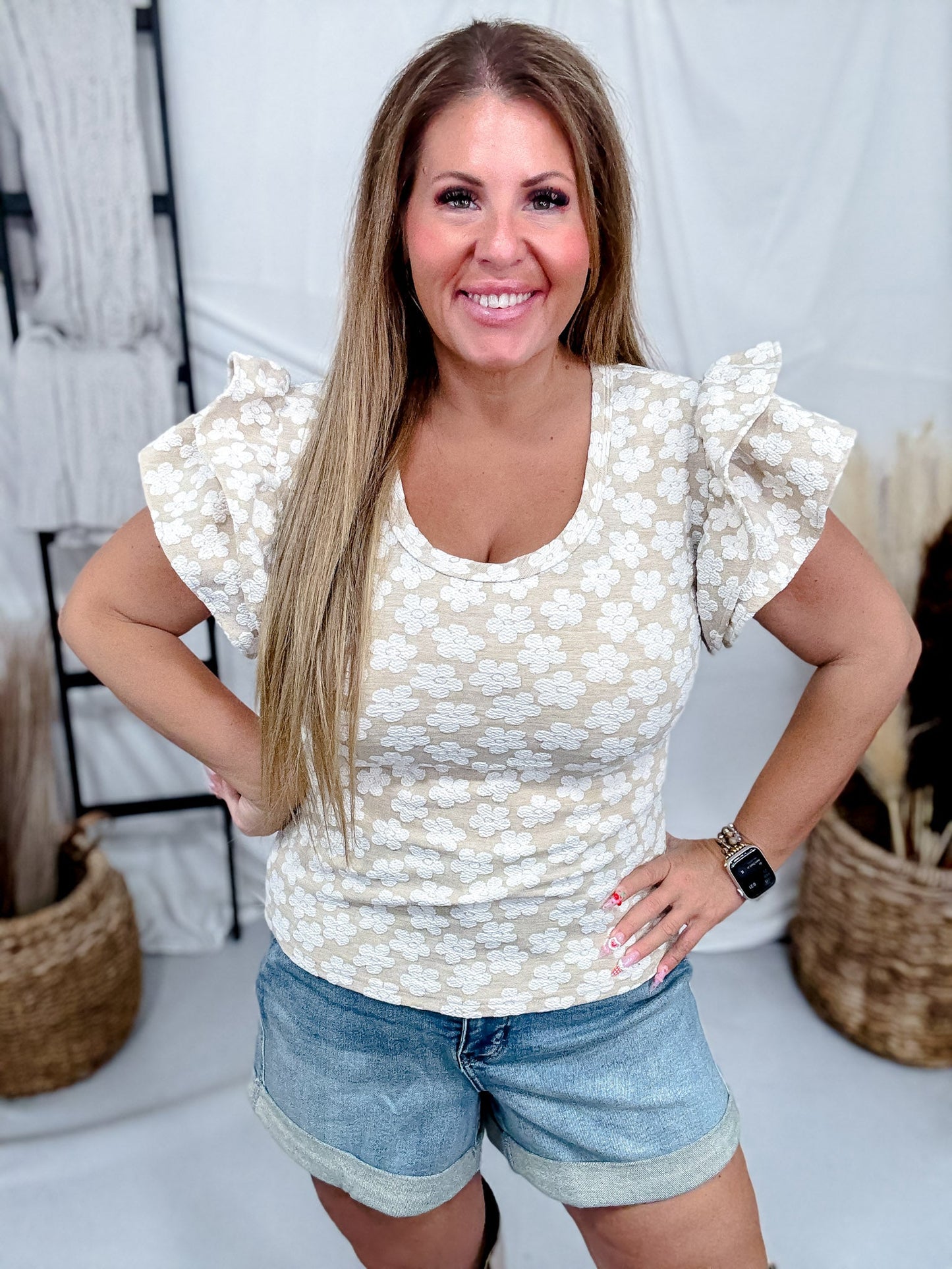 Oatmeal & Ivory Floral Jaquard Top With Ruffle Sleeves - Whiskey Skies - BIBI