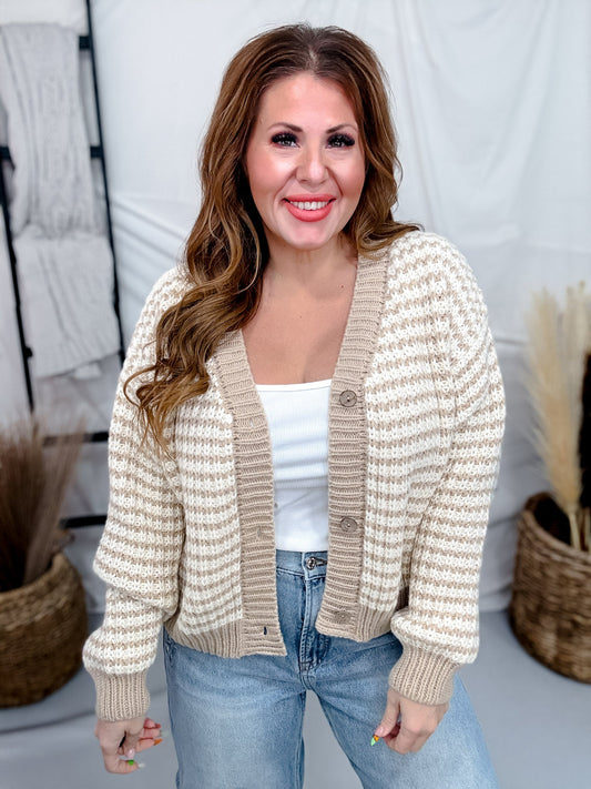 Oatmeal & Ivory Striped Knit Button Front Cardigan - Whiskey Skies - HEIMISH