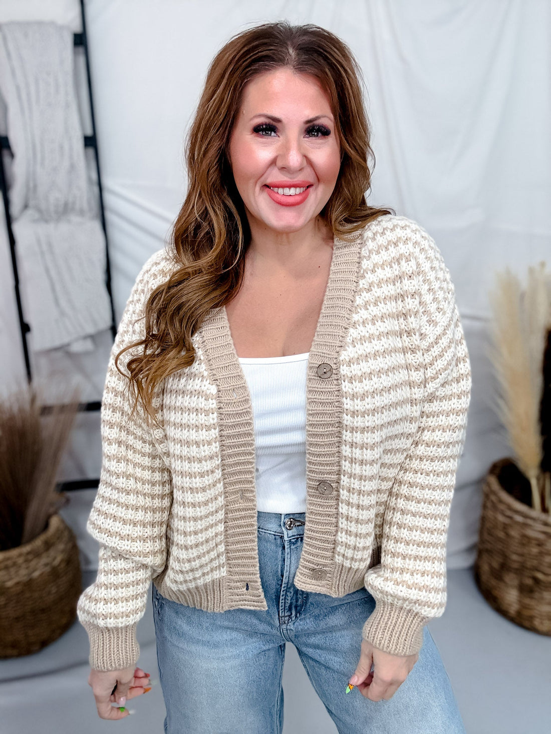 Oatmeal & Ivory Striped Knit Button Front Cardigan - Whiskey Skies - HEIMISH