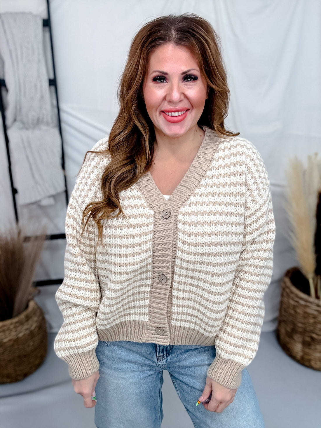 Oatmeal & Ivory Striped Knit Button Front Cardigan - Whiskey Skies - HEIMISH