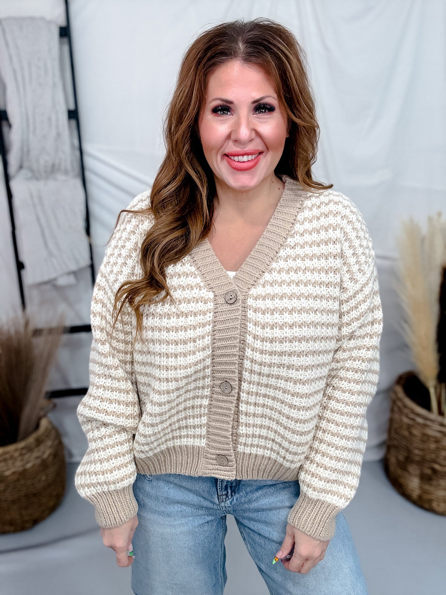 Oatmeal & Ivory Striped Knit Button Front Cardigan - Whiskey Skies - HEIMISH