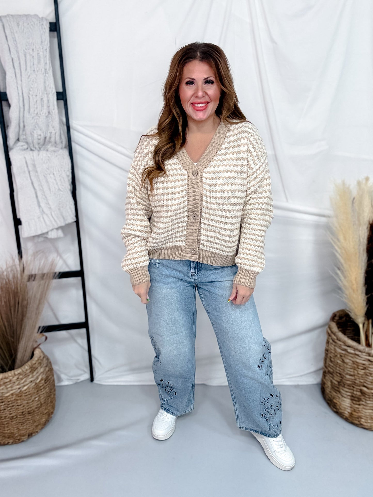 Oatmeal & Ivory Striped Knit Button Front Cardigan - Whiskey Skies - HEIMISH