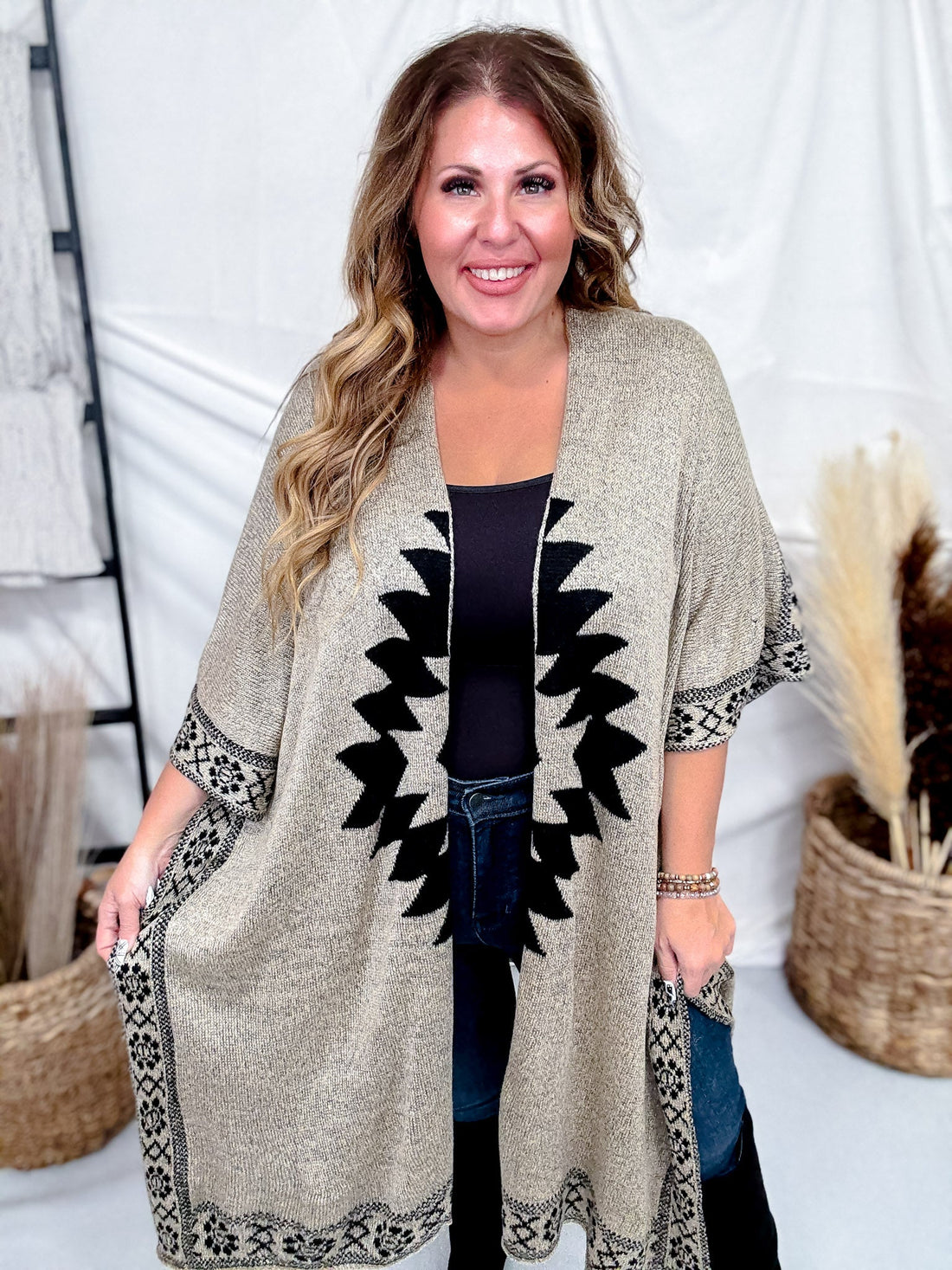 Oatmeal Knit Sweater Cardigan With Geometric Pattern - Whiskey Skies - EASEL