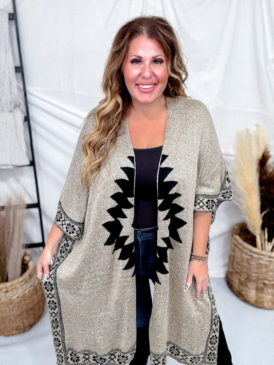Oatmeal Knit Sweater Cardigan With Geometric Pattern - Whiskey Skies - EASEL