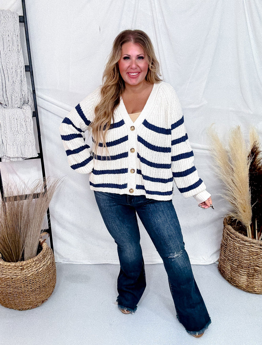 Oatmeal & Navy Striped Button Front Cardigan - Whiskey Skies - WHITE BIRCH