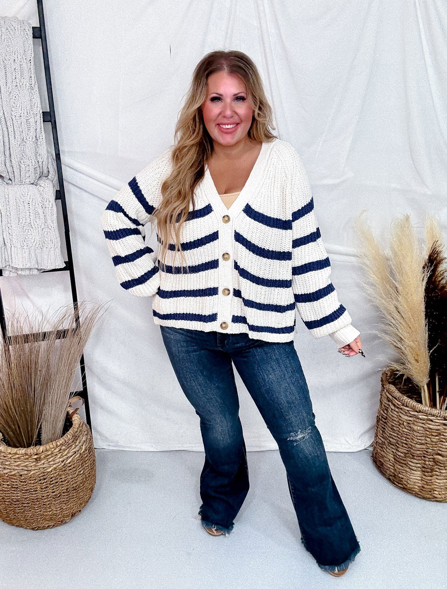Oatmeal & Navy Striped Button Front Cardigan - Whiskey Skies - WHITE BIRCH