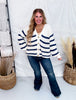 Oatmeal & Navy Striped Button Front Cardigan - Whiskey Skies - WHITE BIRCH