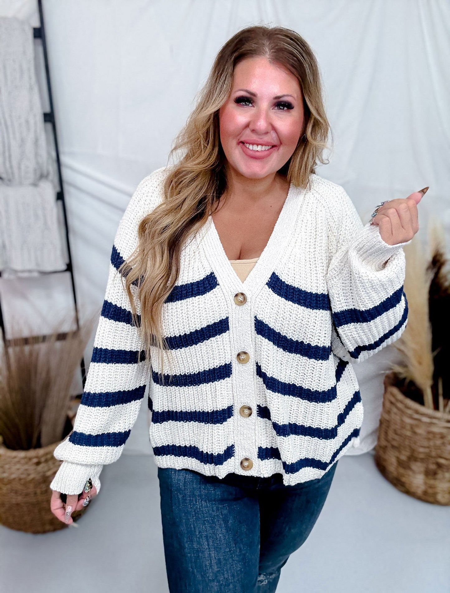 Oatmeal & Navy Striped Button Front Cardigan - Whiskey Skies - WHITE BIRCH