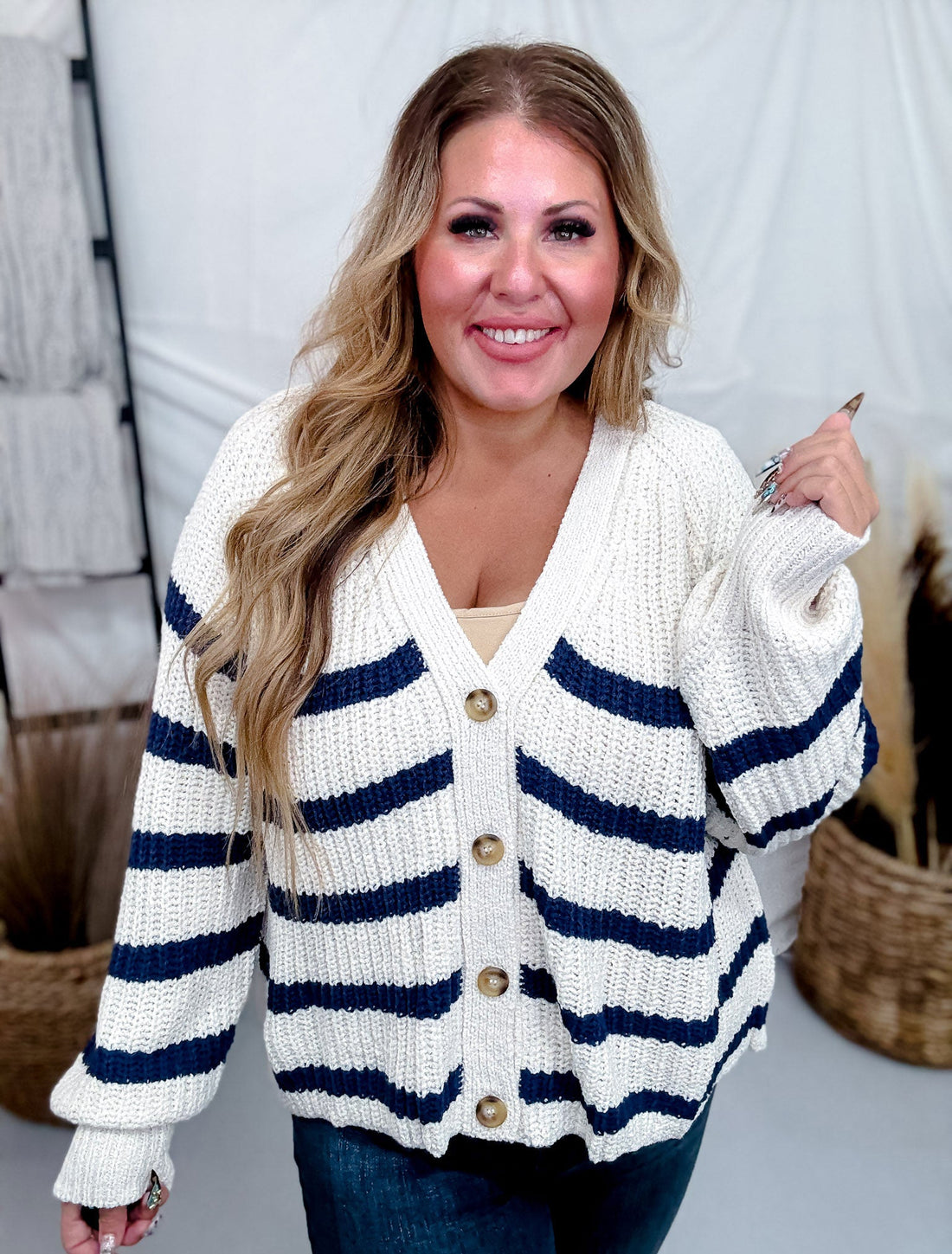 Oatmeal & Navy Striped Button Front Cardigan - Whiskey Skies - WHITE BIRCH