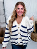 Oatmeal & Navy Striped Button Front Cardigan - Whiskey Skies - WHITE BIRCH