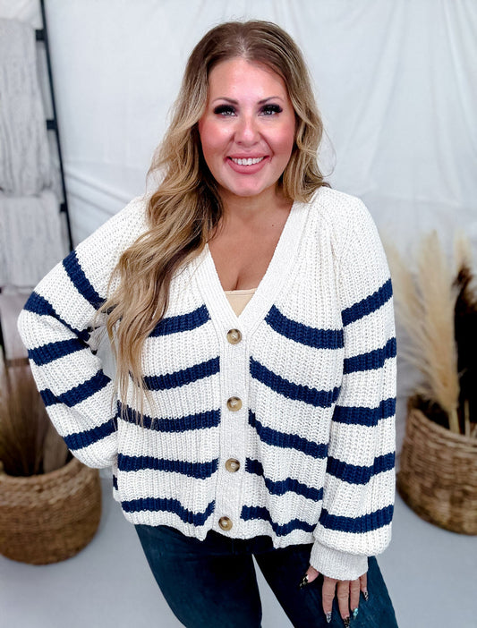 Oatmeal & Navy Striped Button Front Cardigan - Whiskey Skies - WHITE BIRCH