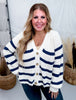 Oatmeal & Navy Striped Button Front Cardigan - Whiskey Skies - WHITE BIRCH