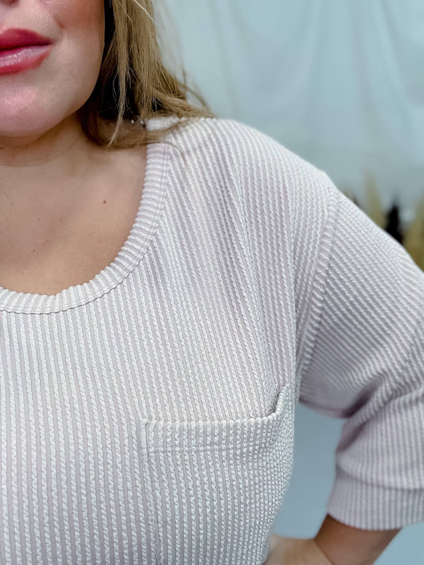 Oatmeal Ribbed 3/4 Sleeve Boxy Top - Whiskey Skies - ANDREE BY UNIT