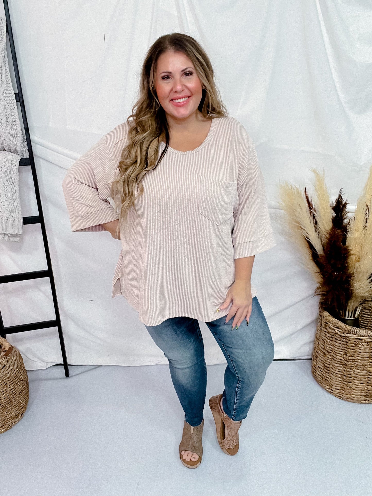 Oatmeal Ribbed 3/4 Sleeve Boxy Top - Whiskey Skies - ANDREE BY UNIT