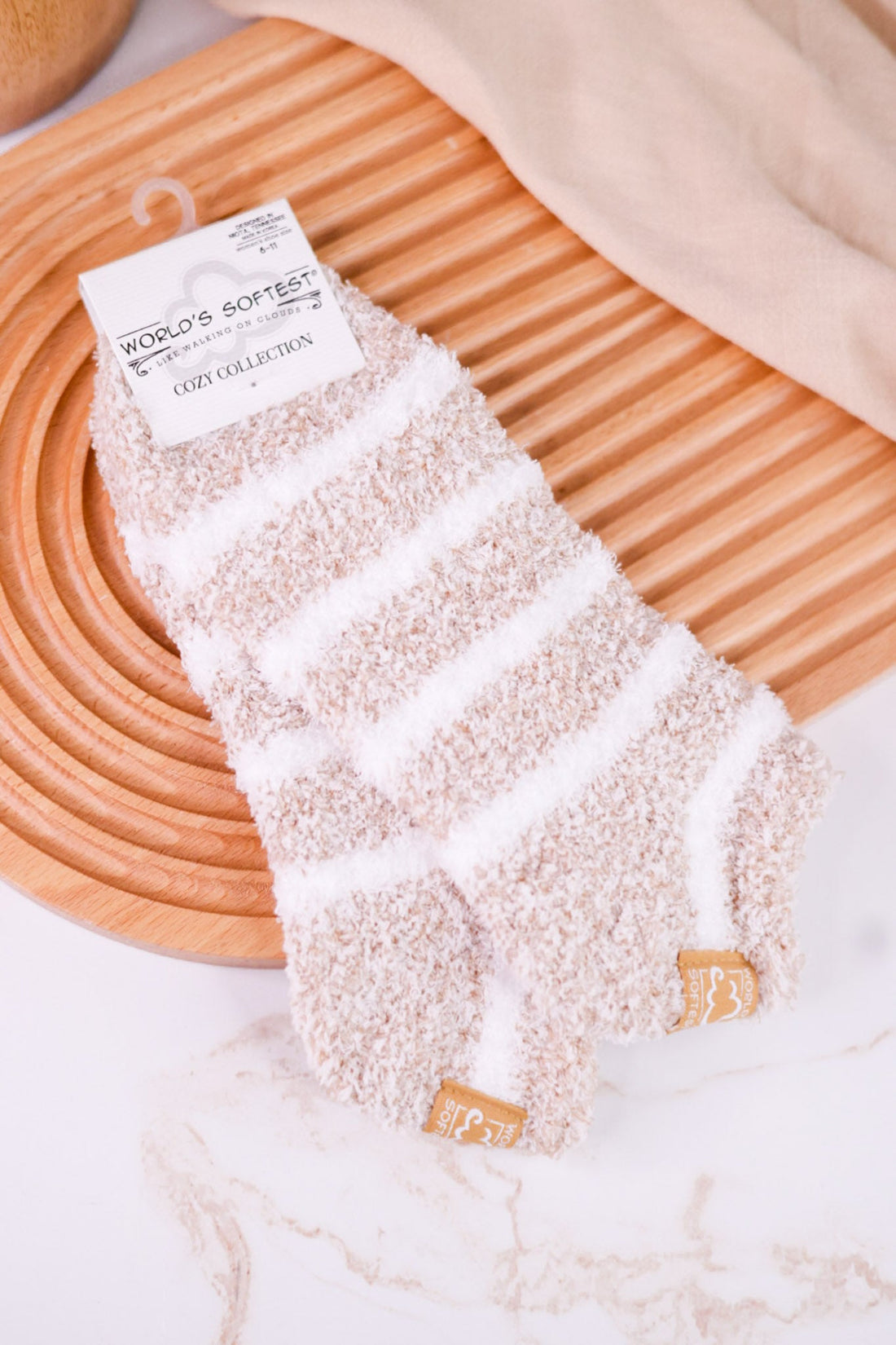 Oatmeal & White Striped Fuzzy Ankle Socks - Whiskey Skies - CRESCENT SOCK COMPANY