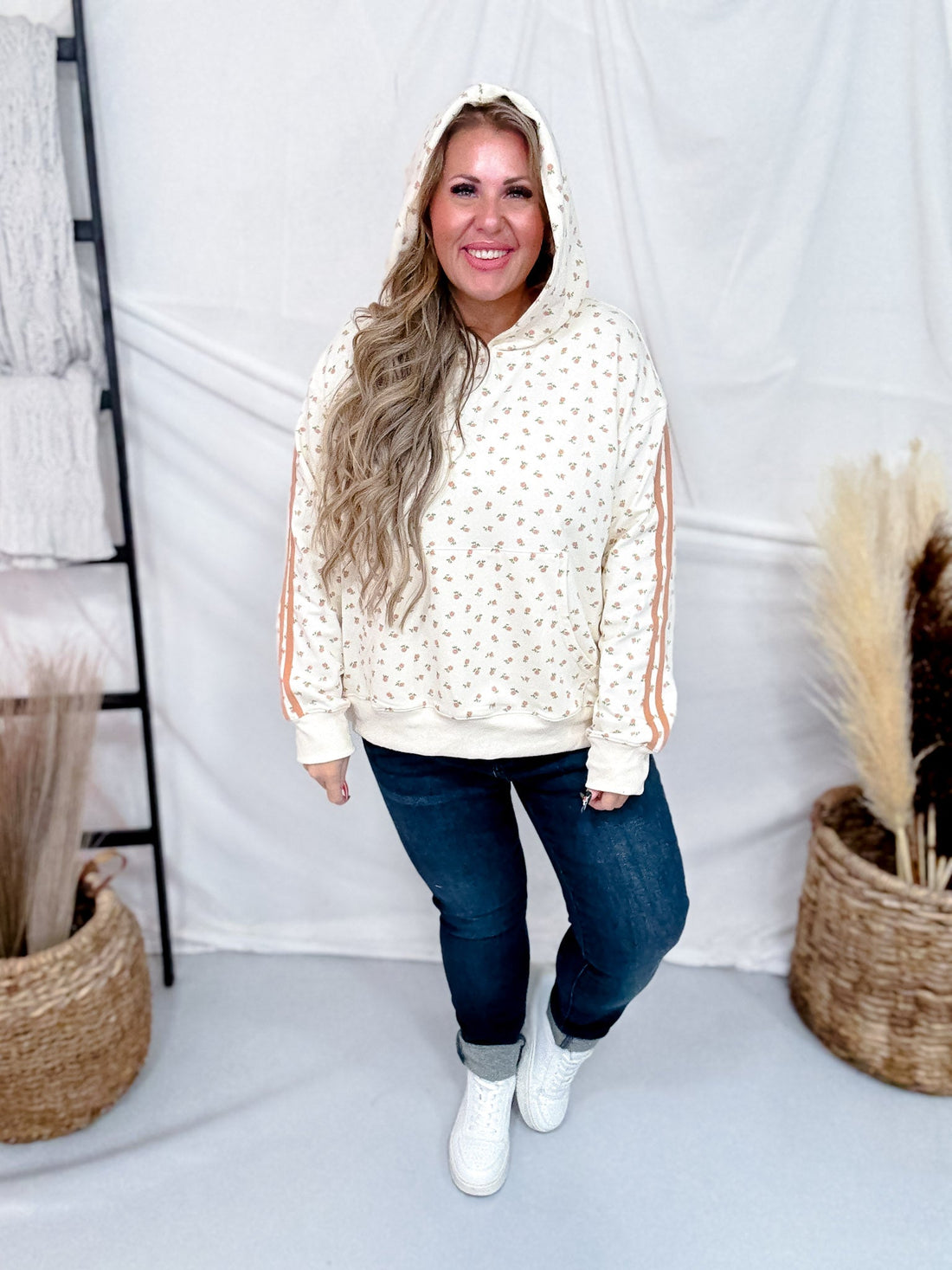 Off White Hoodie With Pink Ditzy Floral Print - Whiskey Skies - WHITE BIRCH
