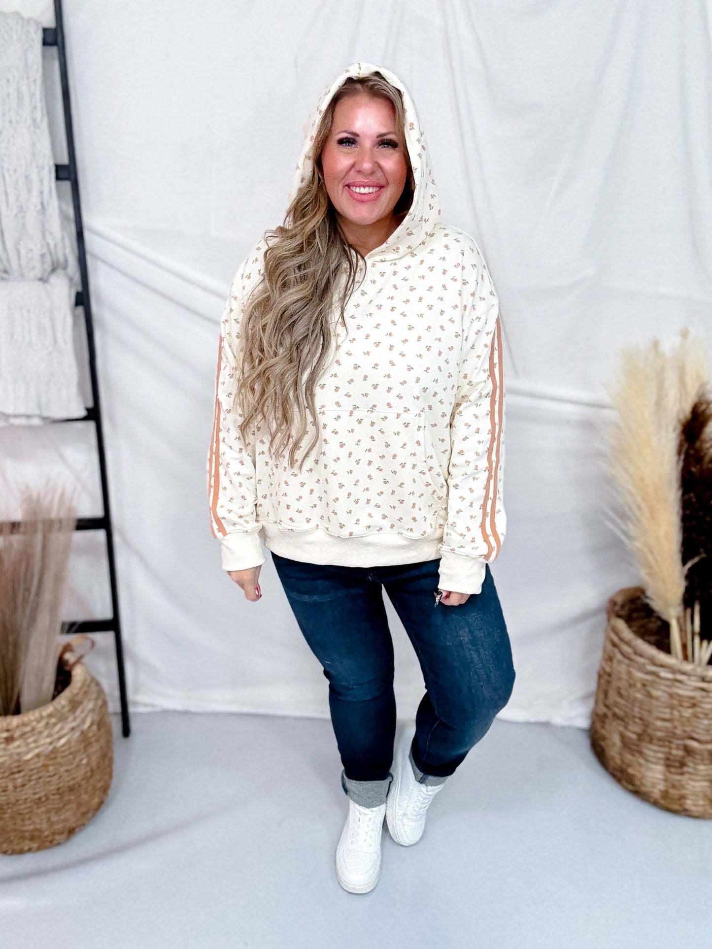 Off White Hoodie With Pink Ditzy Floral Print - Whiskey Skies - WHITE BIRCH