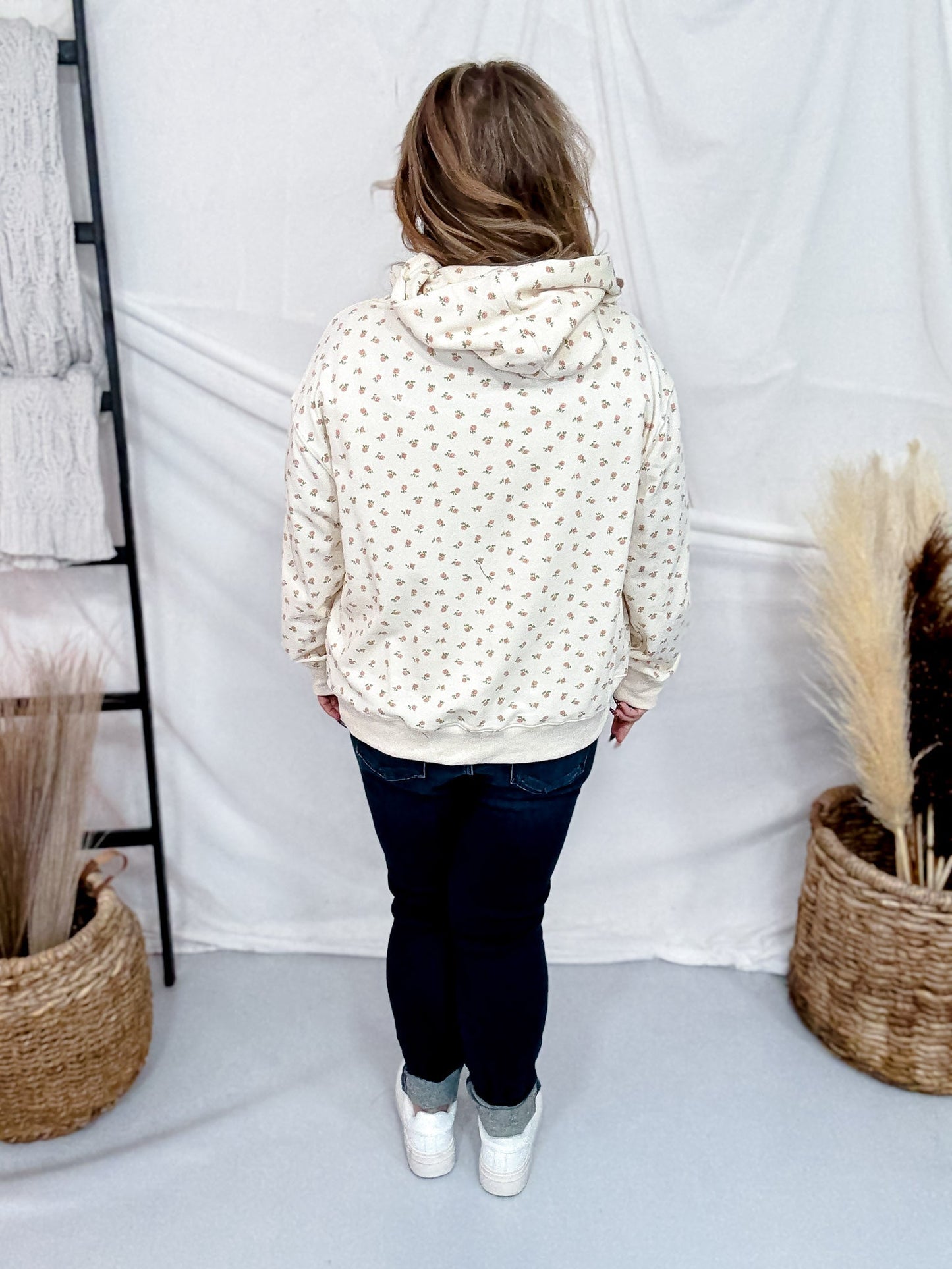 Off White Hoodie With Pink Ditzy Floral Print - Whiskey Skies - WHITE BIRCH