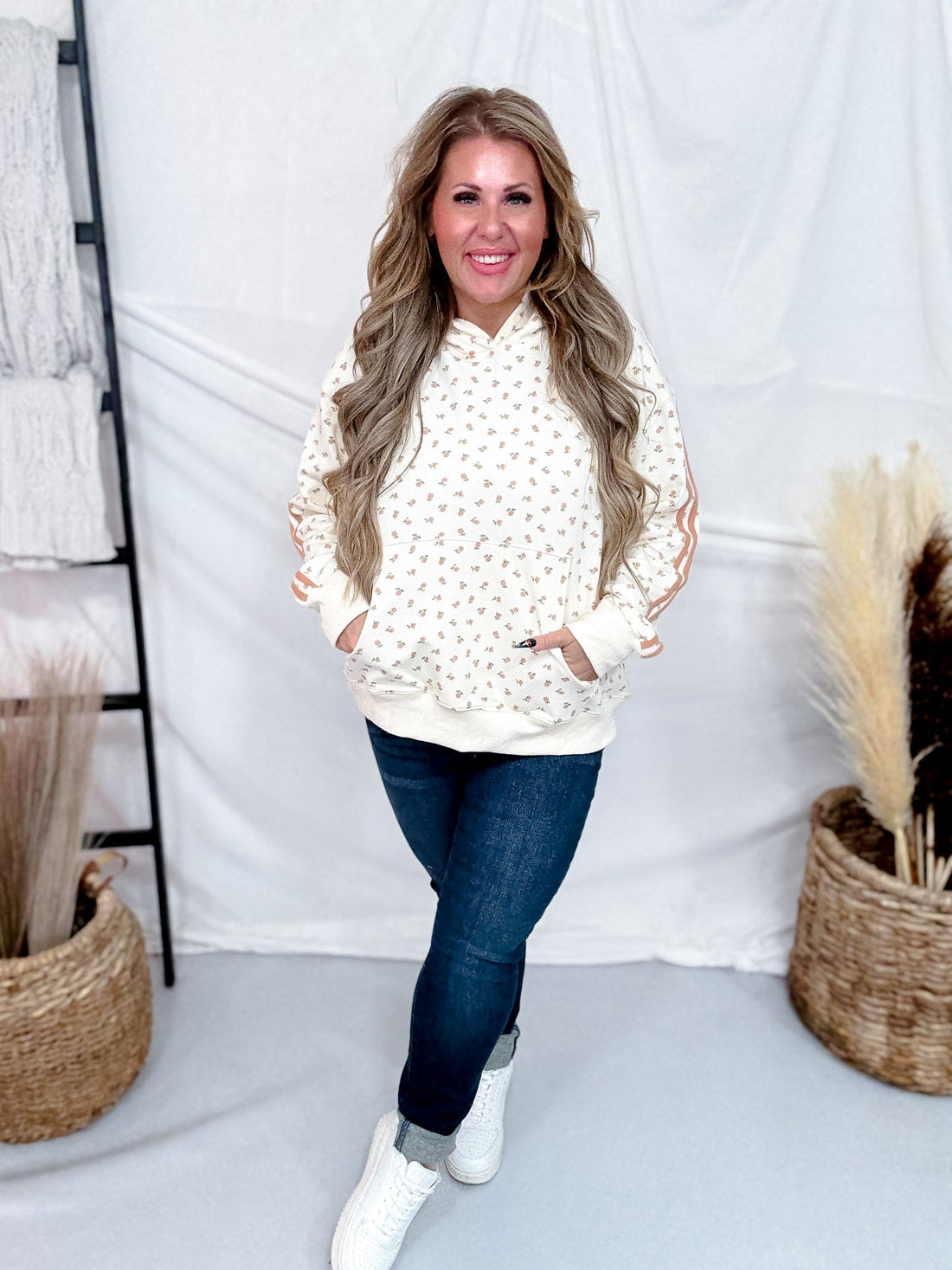 Off White Hoodie With Pink Ditzy Floral Print - Whiskey Skies - WHITE BIRCH