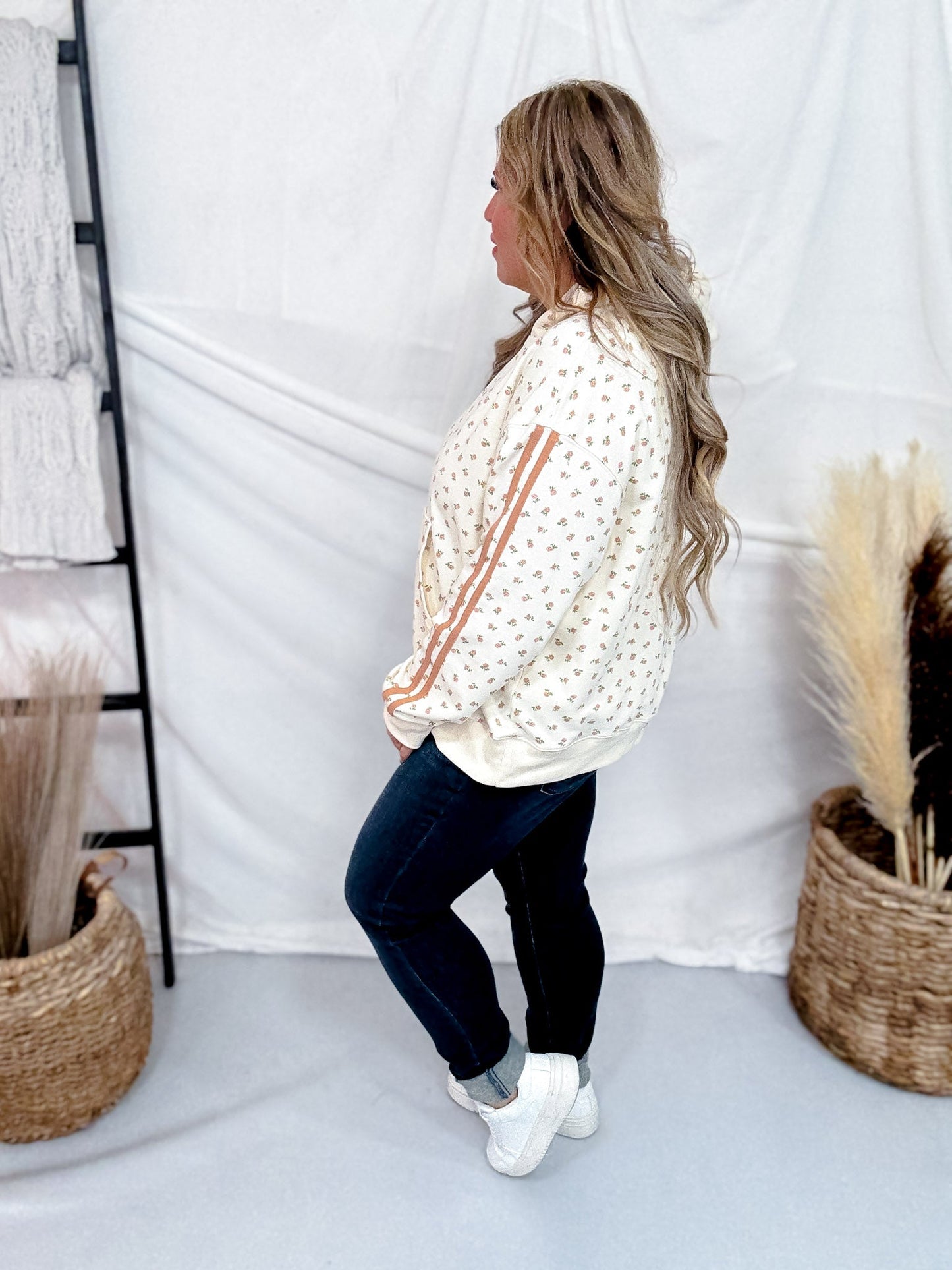 Off White Hoodie With Pink Ditzy Floral Print - Whiskey Skies - WHITE BIRCH