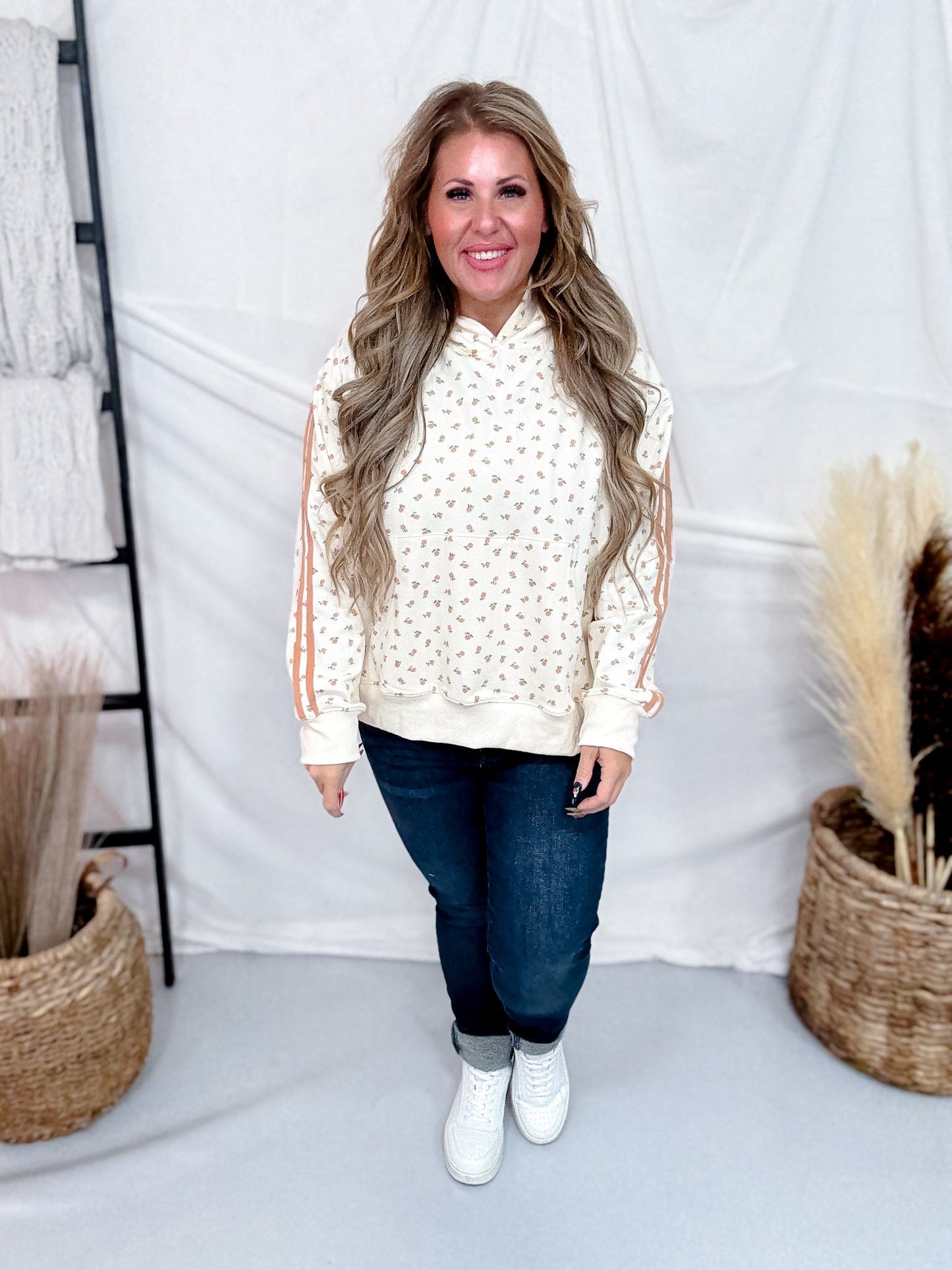 Off White Hoodie With Pink Ditzy Floral Print - Whiskey Skies - WHITE BIRCH