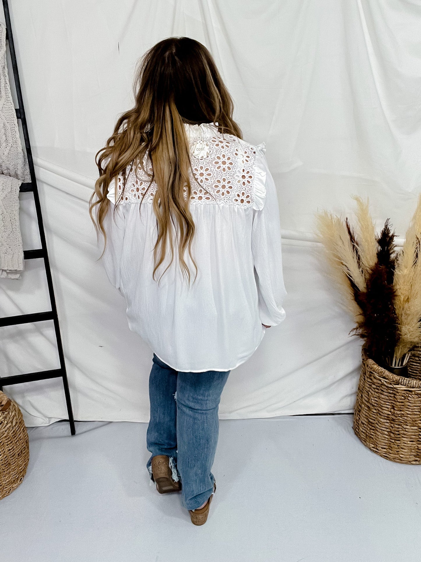 Off White Long Sleeve Air Flow Top with Eyelet Lace Yoke - Whiskey Skies - ODDI