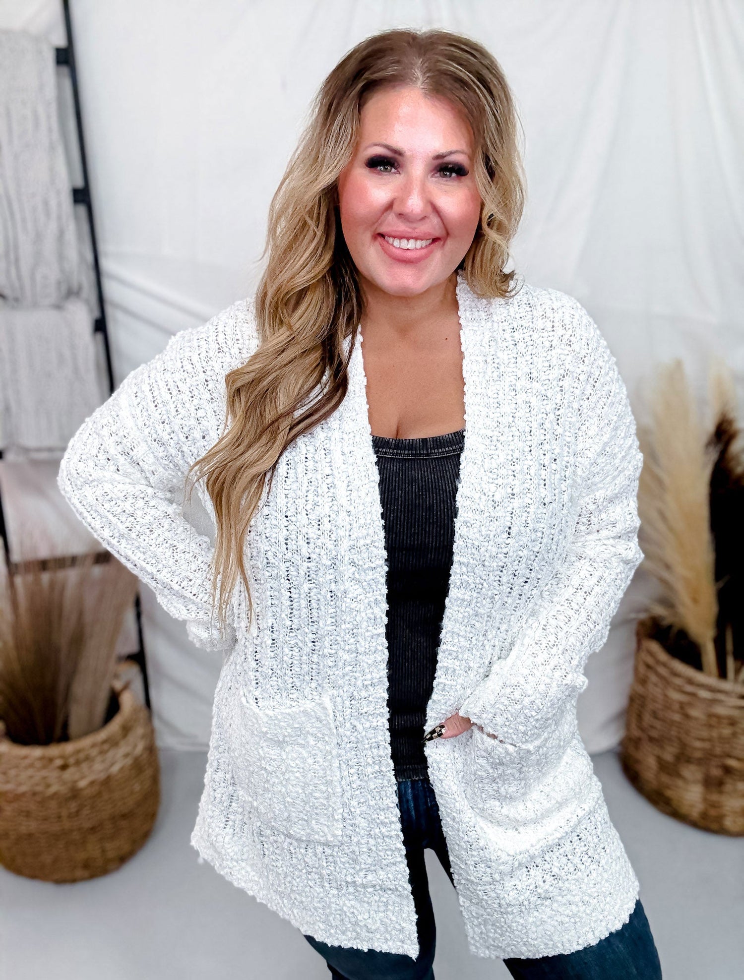 Off White Ribbed Long Sleeve Popcorn Cardigan W/ Pockets Whiskey