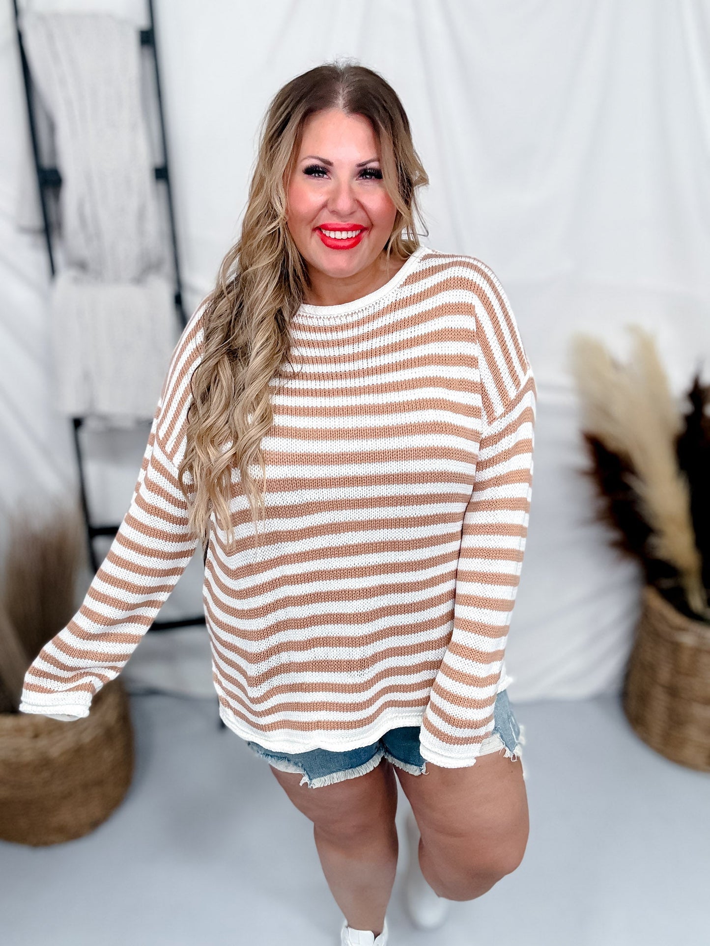 Off White & Toffee Long Sleeve Stripped Knit Sweater - Whiskey Skies - WHITE BIRCH