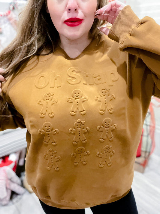 Oh Snap Embossed Gingerbread Crew Neck Sweatshirt - Whiskey Skies - JADYK