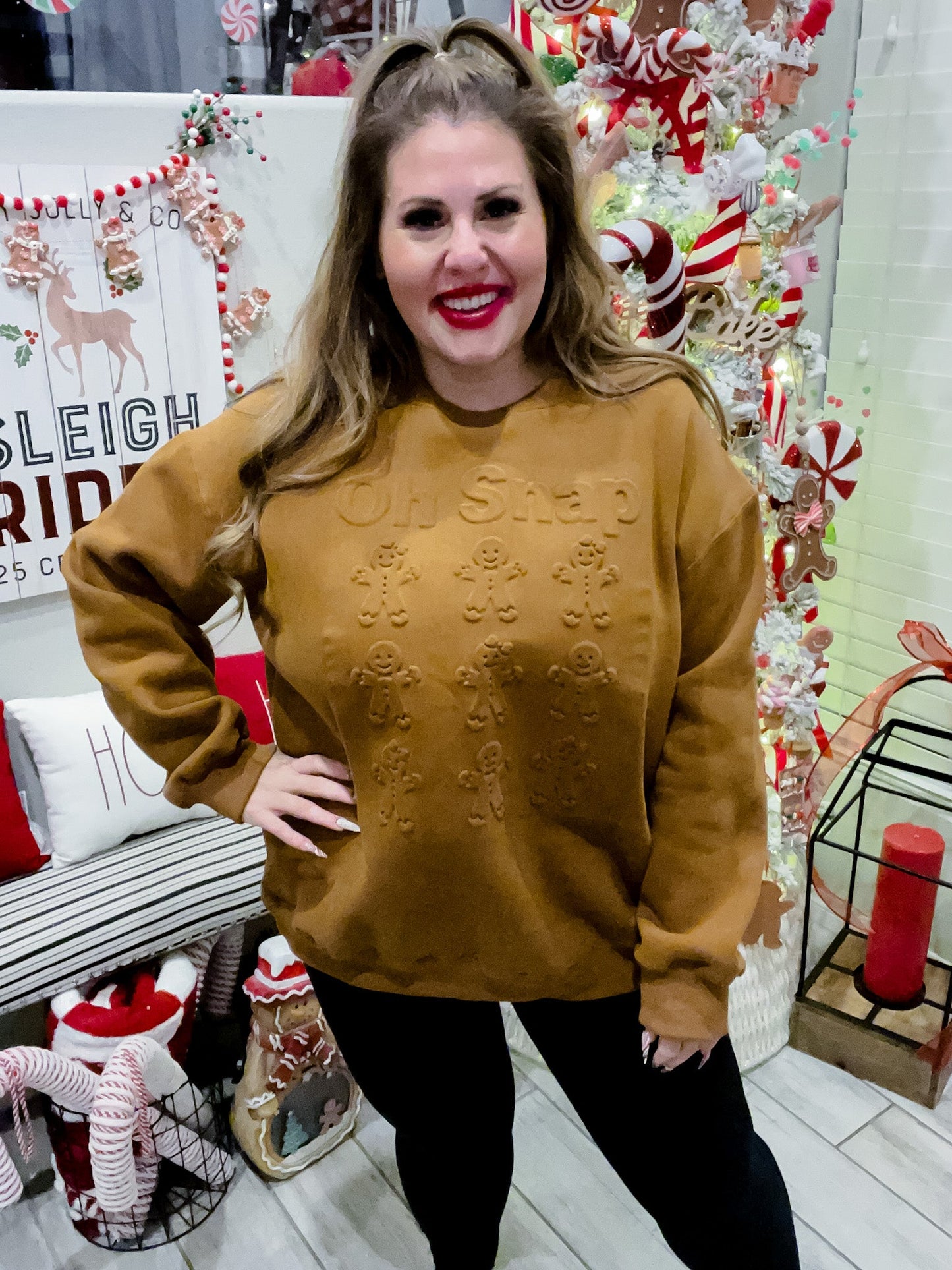 Oh Snap Embossed Gingerbread Crew Neck Sweatshirt - Whiskey Skies - JADYK