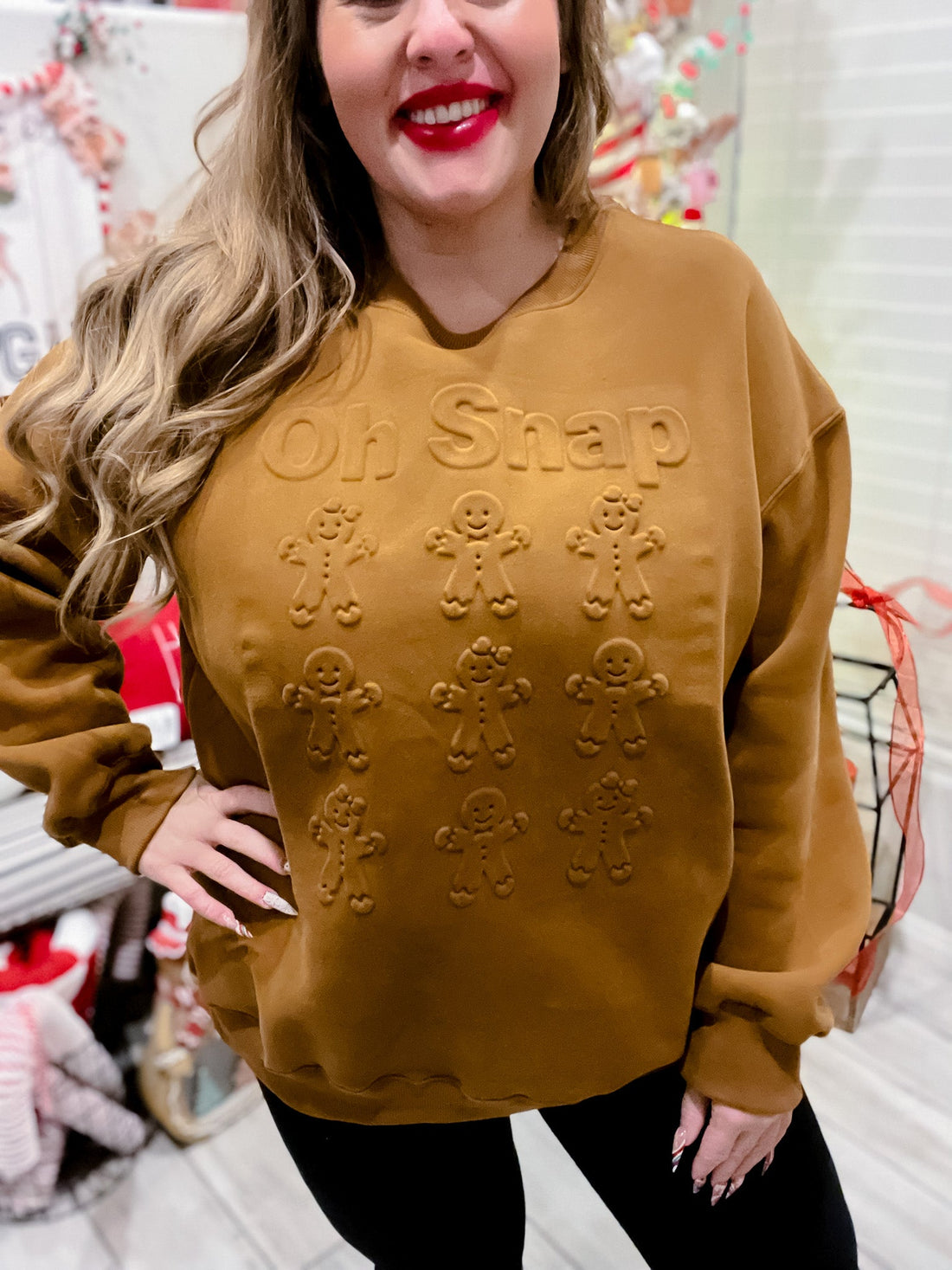 Oh Snap Embossed Gingerbread Crew Neck Sweatshirt - Whiskey Skies - JADYK