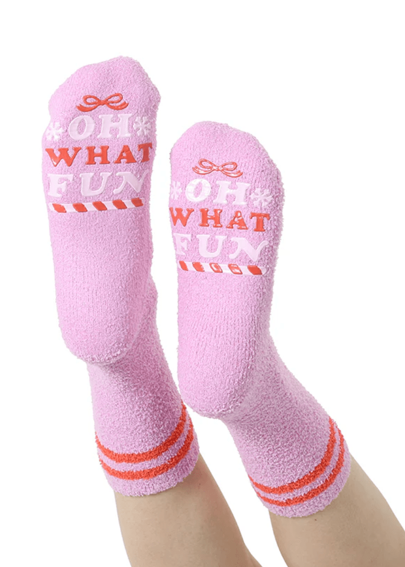 "Oh What Fun" Pink Fuzzy Crew Socks - Whiskey Skies - LIVING ROYAL