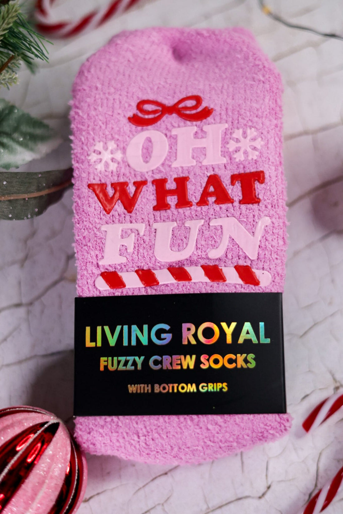 "Oh What Fun" Pink Fuzzy Crew Socks - Whiskey Skies - LIVING ROYAL