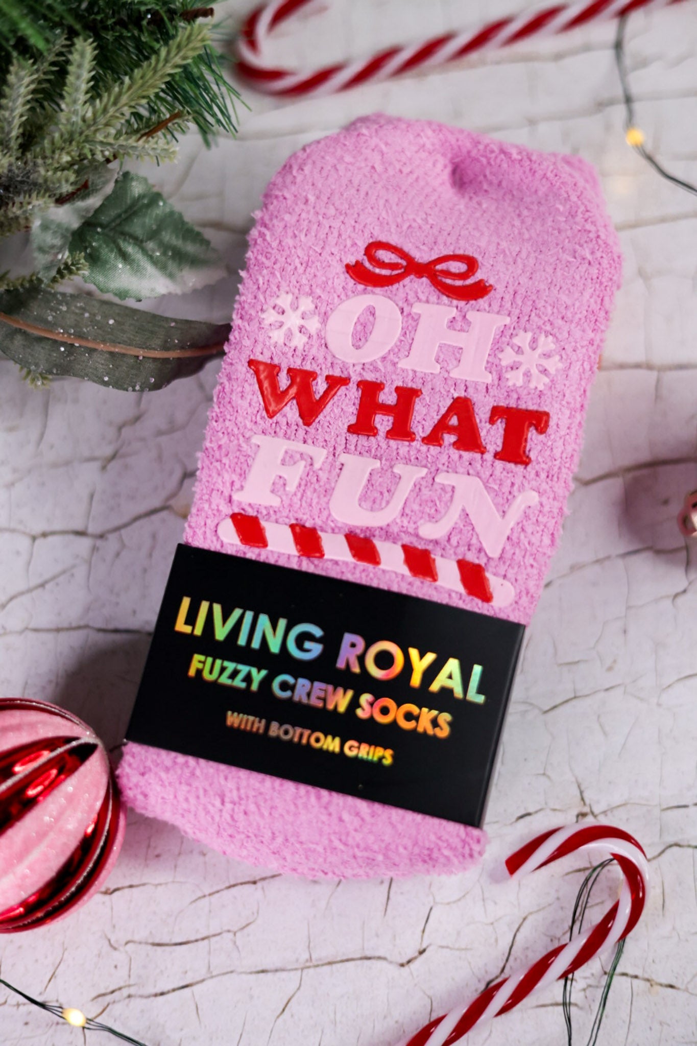 "Oh What Fun" Pink Fuzzy Crew Socks - Whiskey Skies - LIVING ROYAL
