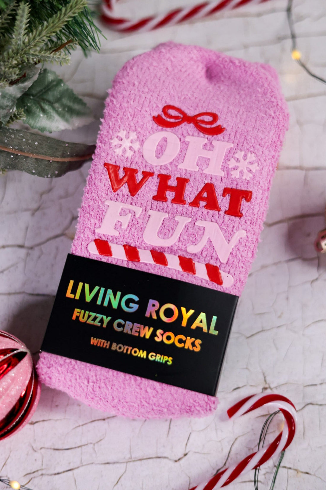 "Oh What Fun" Pink Fuzzy Crew Socks - Whiskey Skies - LIVING ROYAL