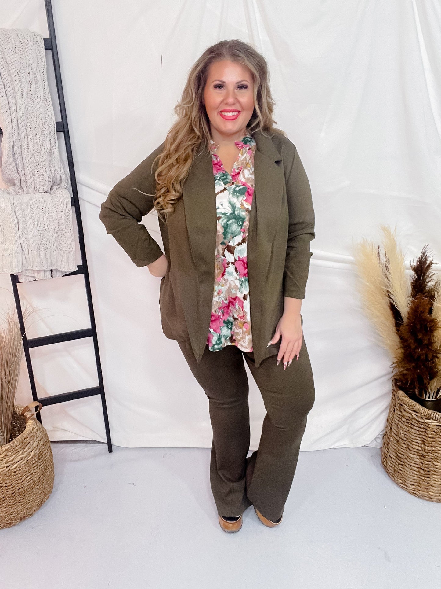 Olive 3/4 Sleeve Magic Blazer - Whiskey Skies - DEAR SCARLETT