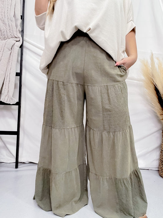 Olive Acid Wash Tired Palazzo Pants - Whiskey Skies - ODDI