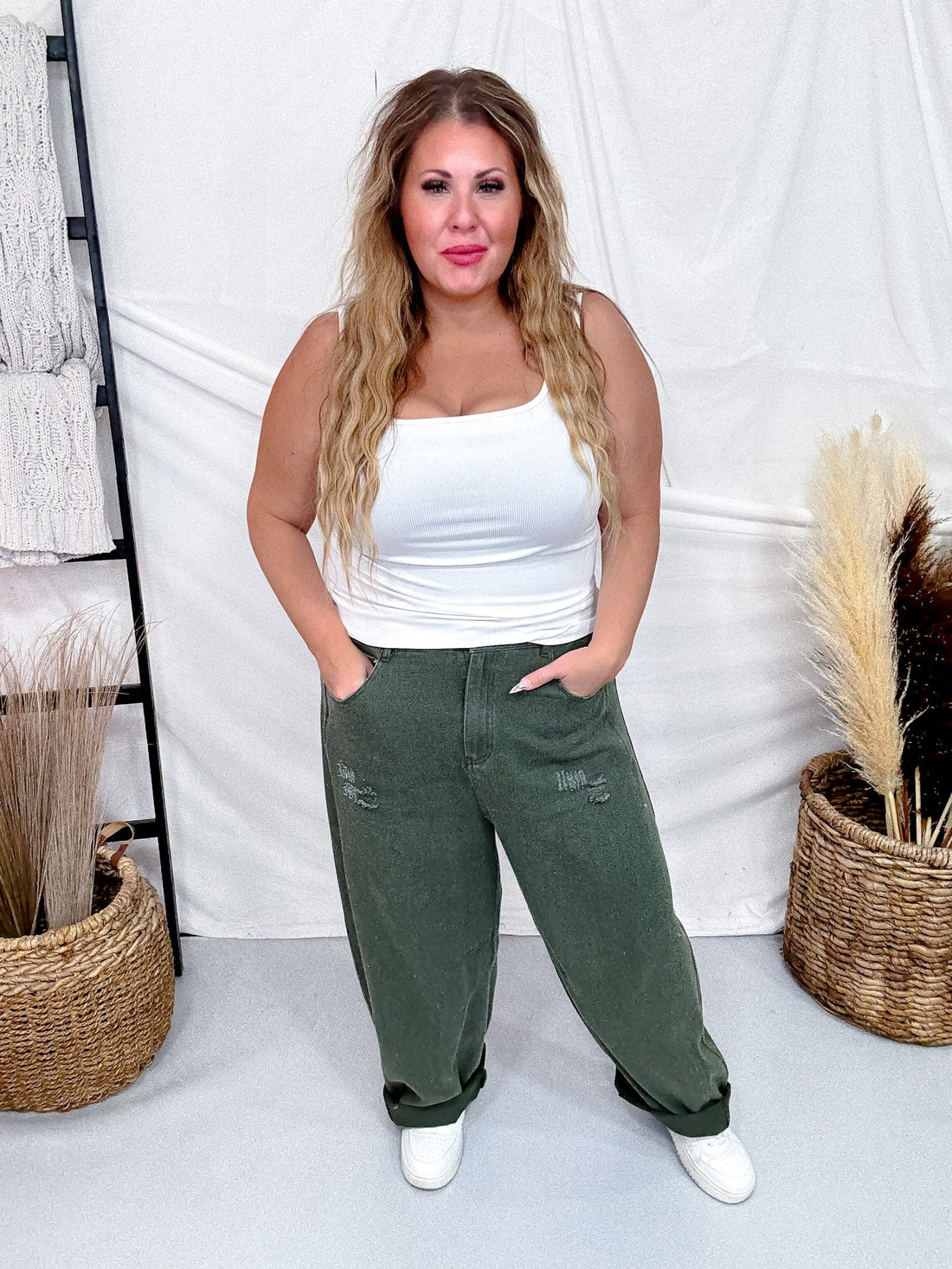 Olive Acid Washed Barrel Leg Denim Pants - Whiskey Skies - ODDI