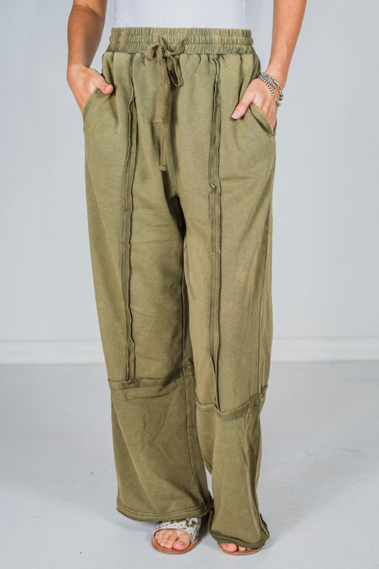 Olive Acid Washed French Terry Sweatpants - Whiskey Skies - ODDI