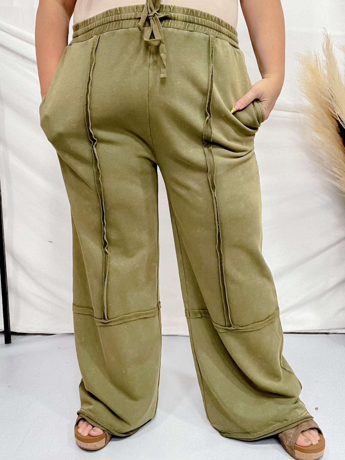 Olive Acid Washed French Terry Sweatpants - Whiskey Skies - ODDI