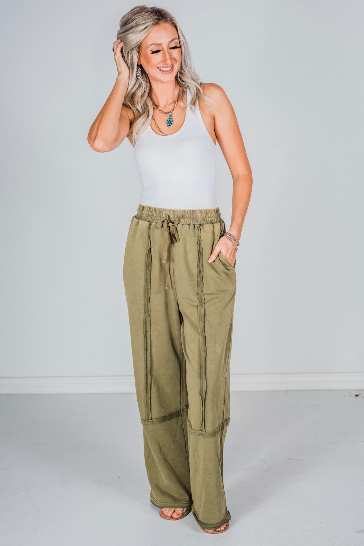 Olive Acid Washed French Terry Sweatpants - Whiskey Skies - ODDI