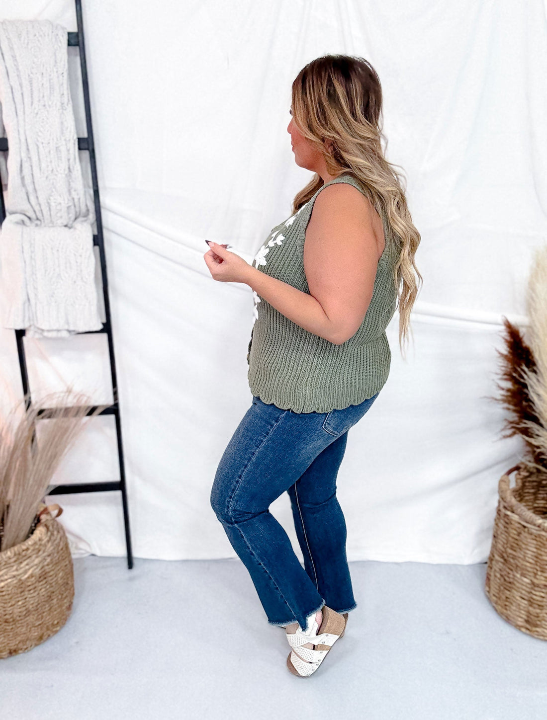 Olive and White Floral Sweater Vest - Whiskey Skies - POLAGRAM + BAEVELY