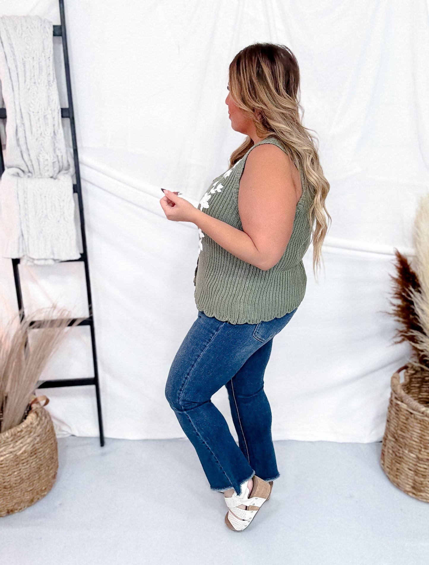 Olive and White Floral Sweater Vest - Whiskey Skies - POLAGRAM + BAEVELY