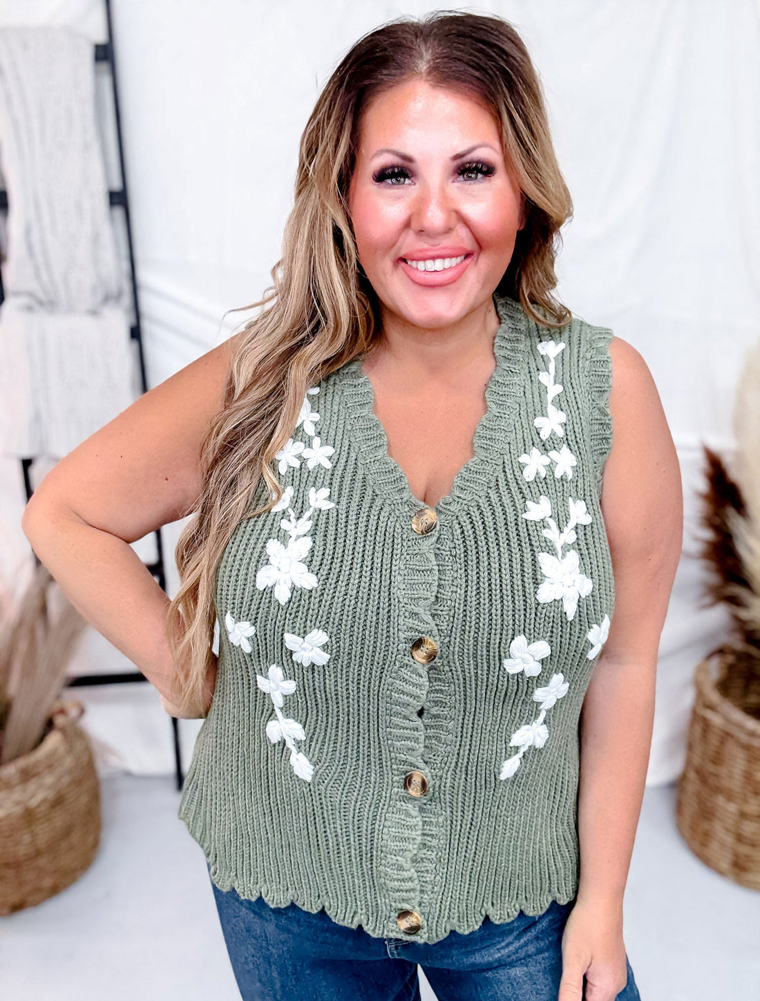 Olive and White Floral Sweater Vest - Whiskey Skies - POLAGRAM + BAEVELY